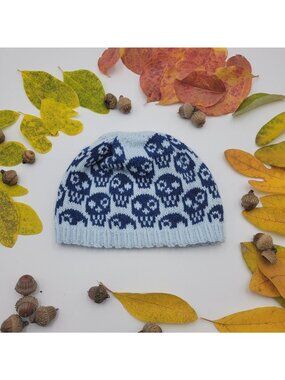 Hand Knit Handmade Hat Child OS Unisex Beanie Blue Skulls Skeletons KT009
